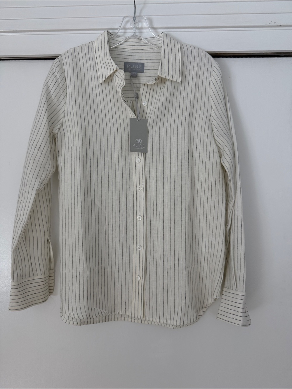 Pure Collection Cream Button-Front Natural Linen Blouse with Black Pinstripes